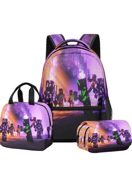Minecraft Ilkokul ve Ortaokul Öğrencileri Için Okul Çantası Sırt Çantası Öğle Yemeği Çantası Çift Katmanlı Kalem Çantası Üç Parçalı Set (Yurt Dışından)