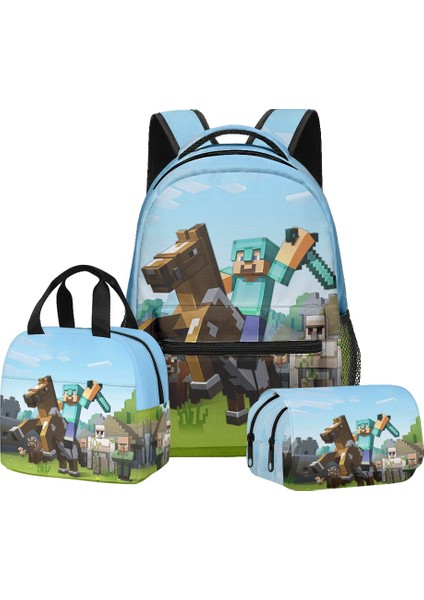 Minecraft Ilkokul ve Ortaokul Öğrencileri Için Okul Çantası Sırt Çantası Öğle Yemeği Çantası Çift Katmanlı Kalem Çantası Üç Parçalı Set (Yurt Dışından)