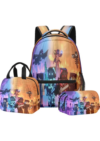 Minecraft Ilkokul ve Ortaokul Öğrencileri Için Okul Çantası Sırt Çantası Öğle Yemeği Çantası Çift Katmanlı Kalem Çantası Üç Parçalı Set (Yurt Dışından)