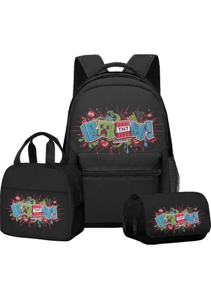 Minecraft Ilkokul ve Ortaokul Öğrencileri Için Okul Çantası Sırt Çantası Öğle Yemeği Çantası Çift Katmanlı Kalem Çantası Üç Parçalı Set (Yurt Dışından)