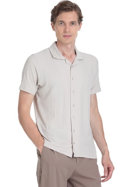Ekru Regular Fit Apaş Yaka Gömlek