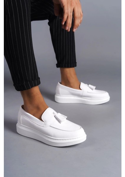 SLW154 Blaze Bağcıksız Püsküllü Cilt Erkek Günlük Spor Klasik Ayakkabı Cbt - Beyaz