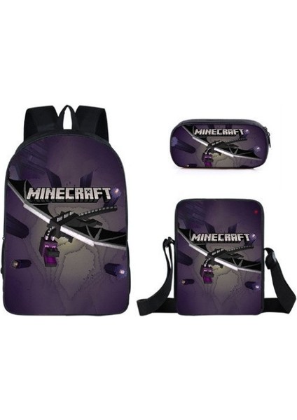 Mınecraft Ilköğretim ve Ortaokul Öğrencileri Okul Çantası Sırt Çantası Tek Katmanlı Üç Parçalı Seti (Yurt Dışından)