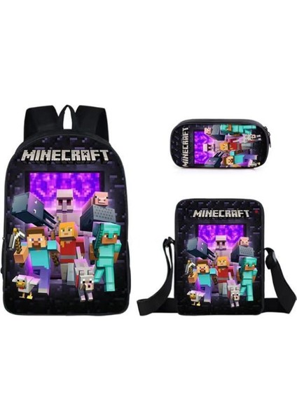 Mınecraft Ilköğretim ve Ortaokul Öğrencileri Okul Çantası Sırt Çantası Tek Katmanlı Üç Parçalı Seti (Yurt Dışından)