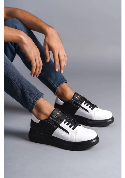 SLW155 Warrior Bağcıklı ve Fermuarlı Cilt Erkek Günlük Sneaker Ayakkabı Cst - Siyah/beyaz