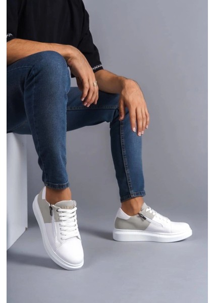 SLW155 Warrior Bağcıklı ve Fermuarlı Cilt Süet Erkek Günlük Sneaker Ayakkabı Csbt - Beyaz/gri