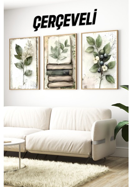 🌿 Kitap ve Doğa Temalı 3'lü Çerçeveli Tablo Seti🌿 CRV1095 23 x 32