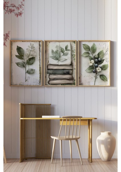 🌿 Kitap ve Doğa Temalı 3'lü Çerçeveli Tablo Seti🌿 CRV1095 23 x 32 modelleri