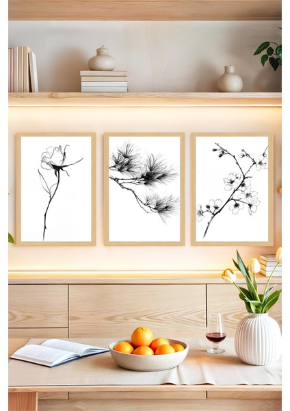 🖼️ Siyah Beyaz Minimal Çiçek ve Dal Temalı 3'lü Çerçeve Görünümlü Tablo Seti 🌟 CRVS1103 13 x 17