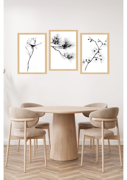 🖼️ Siyah Beyaz Minimal Çiçek ve Dal Temalı 3'lü Çerçeve Görünümlü Tablo Seti 🌟 CRVS1103 13 x 17 fiyatları