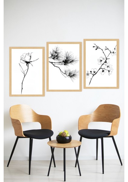 🖼️ Siyah Beyaz Minimal Çiçek ve Dal Temalı 3'lü Çerçeve Görünümlü Tablo Seti 🌟 CRVS1103 13 x 17 modelleri