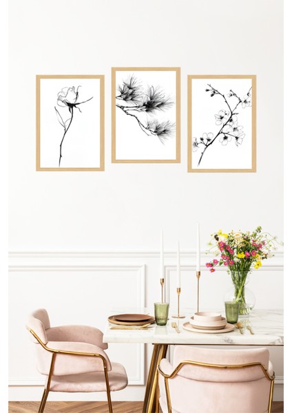 🖼️ Siyah Beyaz Minimal Çiçek ve Dal Temalı 3'lü Çerçeve Görünümlü Tablo Seti 🌟 CRVS1103 13 x 17 fırsatları