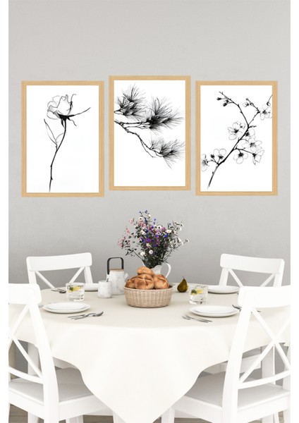 🖼️ Siyah Beyaz Minimal Çiçek ve Dal Temalı 3'lü Çerçeve Görünümlü Tablo Seti 🌟 CRVS1103 13 x 17 indirimleri