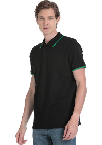 Siyah Regular Fit Polo Yaka Pamuklu Rayon Tişört