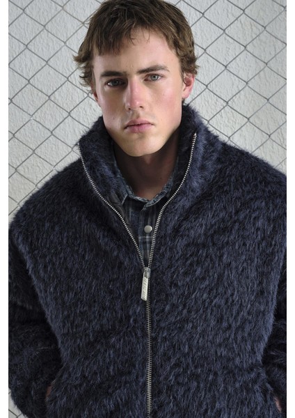 Fermuarlı Lacivert Kürk Ceket