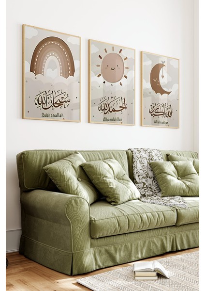 🌙 Çocuk Odası Için Islami 3'lü Tablo Seti – Subhanallah 🌈 Alhamdulillah ☀ Allahuakbar 🌙 CRV1093 23 x 32 fiyatları