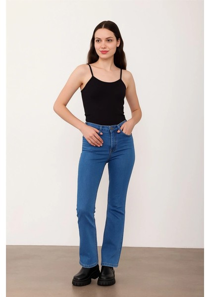 50051 Kadın Ispanyol Paça Kot Pantolon Denim – Yüksek Bel, Esnek Dokuma, Retro Stil