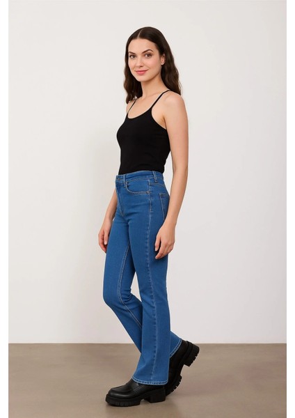 50051 Kadın Ispanyol Paça Kot Pantolon Denim – Yüksek Bel, Esnek Dokuma, Retro Stil indirimleri