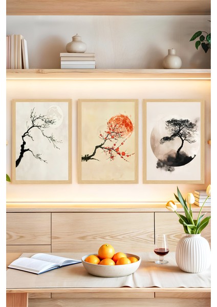 🌕 Japon Estetiğinde Minimal Sanat: Ay ve Ağaç Temalı Çerçeve Görünümlü 3’lü Tablo Set🌟 CRVS1110 13 x 17