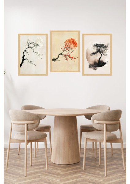 🌕 Japon Estetiğinde Minimal Sanat: Ay ve Ağaç Temalı Çerçeve Görünümlü 3’lü Tablo Set🌟 CRVS1110 13 x 17 fiyatları