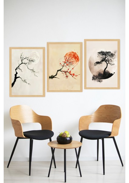 🌕 Japon Estetiğinde Minimal Sanat: Ay ve Ağaç Temalı Çerçeve Görünümlü 3’lü Tablo Set🌟 CRVS1110 13 x 17 modelleri