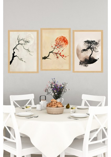 🌕 Japon Estetiğinde Minimal Sanat: Ay ve Ağaç Temalı Çerçeve Görünümlü 3’lü Tablo Set🌟 CRVS1110 13 x 17 indirimleri