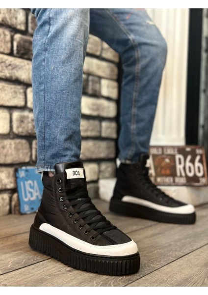 BA0811 Yüksek Taban Siyah Paraşüt Kumaş Beyaz Cilt Detaylı Yarım Bilek Spor Bot