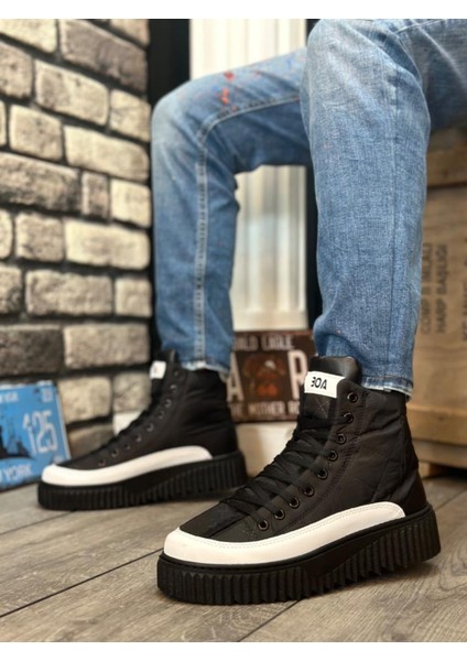 BA0811 Yüksek Taban Siyah Paraşüt Kumaş Beyaz Cilt Detaylı Yarım Bilek Spor Bot fiyatları