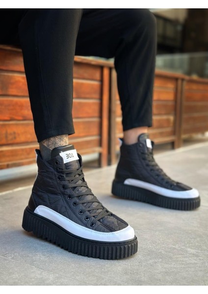 BA0811 Yüksek Taban Siyah Paraşüt Kumaş Beyaz Cilt Detaylı Yarım Bilek Spor Bot modelleri