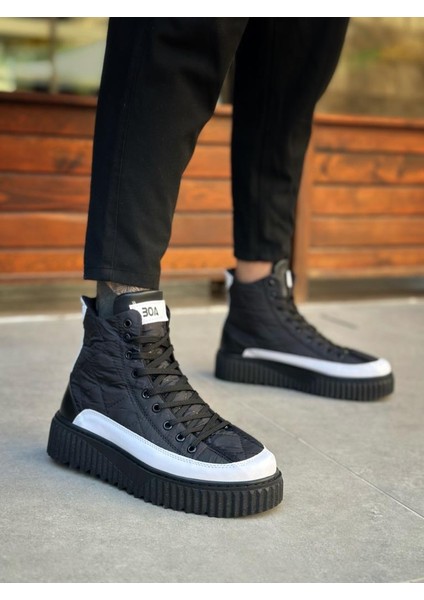 BA0811 Yüksek Taban Siyah Paraşüt Kumaş Beyaz Cilt Detaylı Yarım Bilek Spor Bot indirimleri