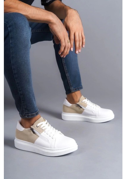 SLW155 Warrior Bağcıklı ve Fermuarlı Cilt Süet Erkek Günlük Sneaker Ayakkabı Csbt - Beyaz/krem