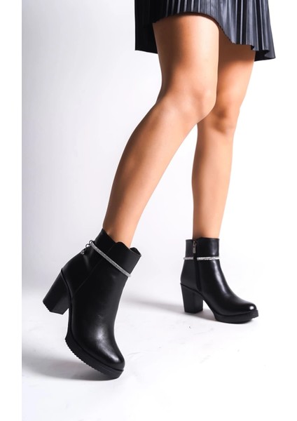 Arıa Fermuarlı Ortopedik Taban Taşlı Topuklu Kadın Bot St - Siyah