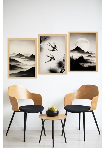 🌕 Dağlar, Kuşlar ve Ay Temalı Çerçeve Görünümlü 3’lü Dekoratif Tablo Seti 🌟 CRVS1108 13 x 17 modelleri