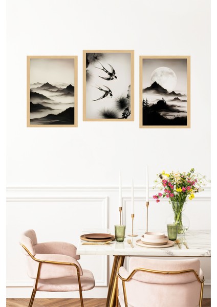 🌕 Dağlar, Kuşlar ve Ay Temalı Çerçeve Görünümlü 3’lü Dekoratif Tablo Seti 🌟 CRVS1108 13 x 17 fırsatları