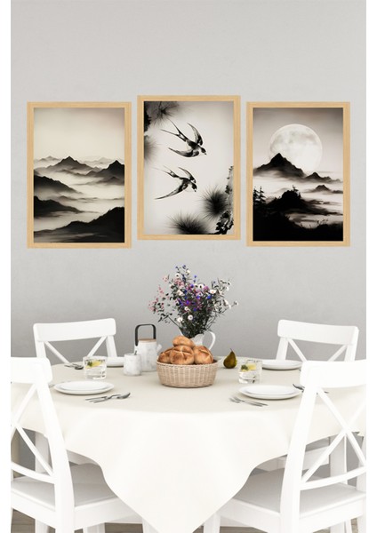 🌕 Dağlar, Kuşlar ve Ay Temalı Çerçeve Görünümlü 3’lü Dekoratif Tablo Seti 🌟 CRVS1108 13 x 17 indirimleri