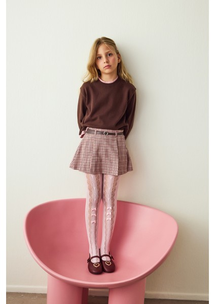 Pembe Kız Çocuk Kurdela Desenli Fiyonklu File Külotlu Çorap