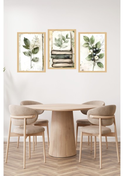🌿 Bitki ve Kitap Temalı Çerçeve Görünümlü 3'lü Tablo Seti 🌿🌟 CRVS1095 13 x 17 fiyatları