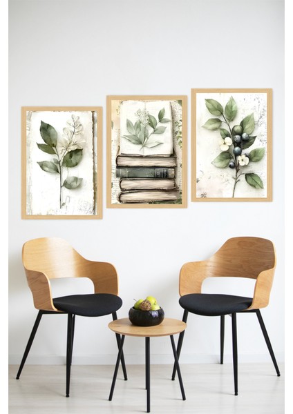 🌿 Bitki ve Kitap Temalı Çerçeve Görünümlü 3'lü Tablo Seti 🌿🌟 CRVS1095 13 x 17 modelleri