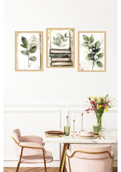 🌿 Bitki ve Kitap Temalı Çerçeve Görünümlü 3'lü Tablo Seti 🌿🌟 CRVS1095 13 x 17 fırsatları