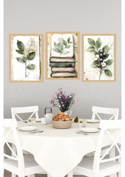 🌿 Bitki ve Kitap Temalı Çerçeve Görünümlü 3'lü Tablo Seti 🌿🌟 CRVS1095 13 x 17 indirimleri