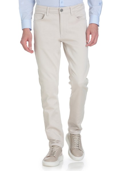 Ekru Slim Fit 5 Cep Pamuklu Kanvas Pantolon