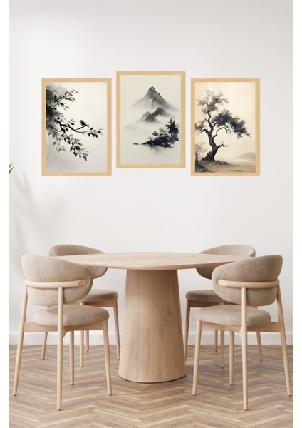 🌿 Dağ, Kuş ve Ağaç Motifli Çerçeve Görünümlü Tablo Seti 🌟 CRVS1104 13 x 17 fiyatları