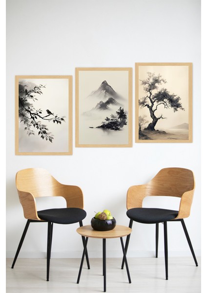🌿 Dağ, Kuş ve Ağaç Motifli Çerçeve Görünümlü Tablo Seti 🌟 CRVS1104 13 x 17 modelleri
