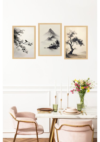 🌿 Dağ, Kuş ve Ağaç Motifli Çerçeve Görünümlü Tablo Seti 🌟 CRVS1104 13 x 17 fırsatları