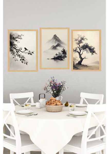 🌿 Dağ, Kuş ve Ağaç Motifli Çerçeve Görünümlü Tablo Seti 🌟 CRVS1104 13 x 17 indirimleri