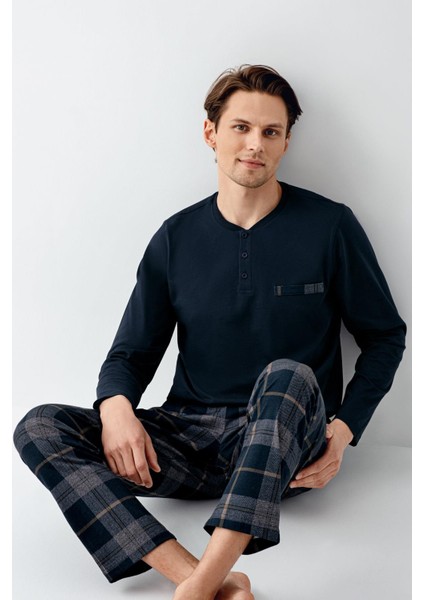 Erkek %100 Pamuklu 4 Mevsim Cepli Uzun Kol Ekose Pijama Takım