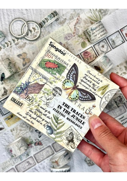Vintage Çiçek ve Kelebek Temalı 20’li Washi Bant The Traces In The Jungle Fleeting Monologue Serisi