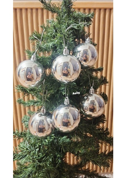 Yılbaşı Ağacı Süsü 6 cm Cici Gümüş Küre Top Süs Parlak Süs Büyük Küre 6lı