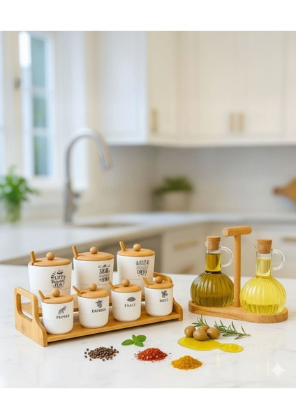 11 Parça Luxury Mutfak Seti - Seramik Baharatlık ve Ahşap Standlı Yağdanlık