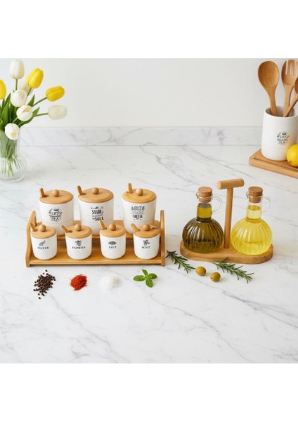 11 Parça Luxury Mutfak Seti - Seramik Baharatlık ve Ahşap Standlı Yağdanlık fiyatları